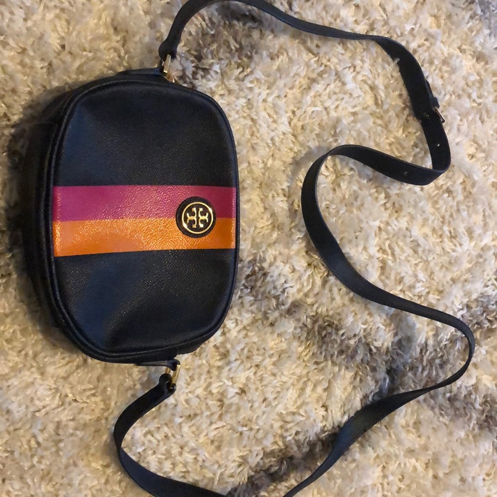 Tory Burch Black Crossbody Bag with Pink and Orange Stripe